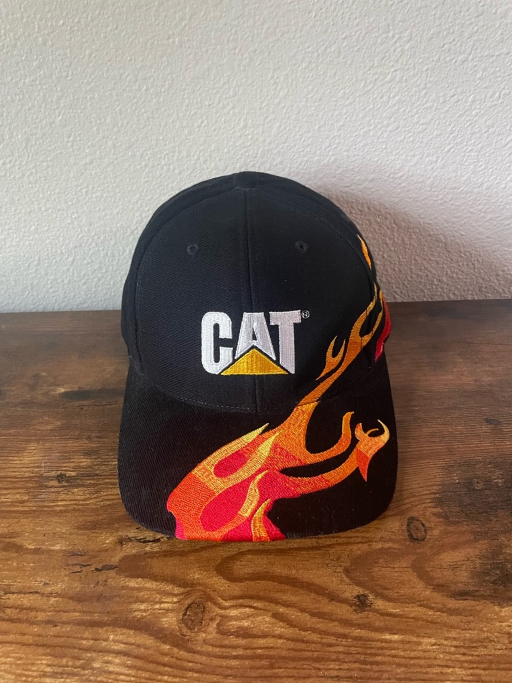Caterpillar CAT Black Hat Cap w/ Flames Embroidered Adjustable Strap Back